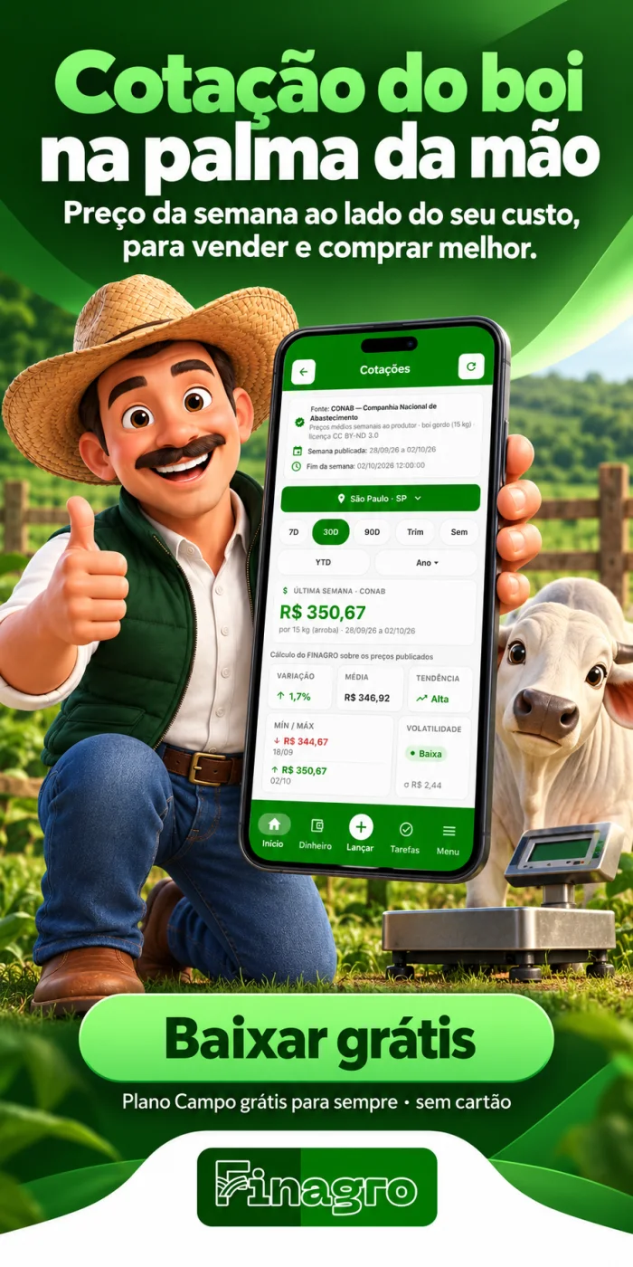 FINAGRO: cotação do boi gordo da semana ao lado do seu custo