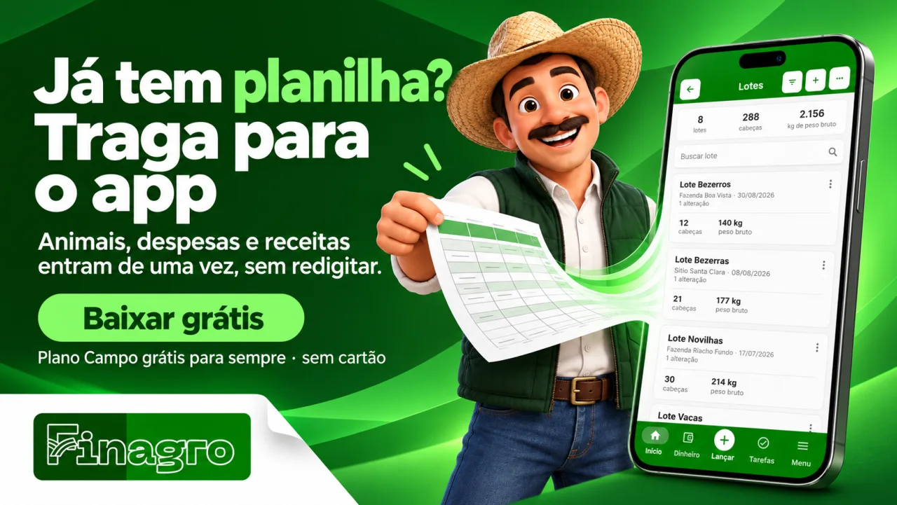 FINAGRO: traga a planilha do Excel: animais, despesas e receitas entram de uma vez