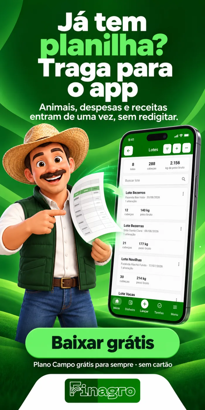 FINAGRO: traga a planilha do Excel: animais, despesas e receitas entram de uma vez