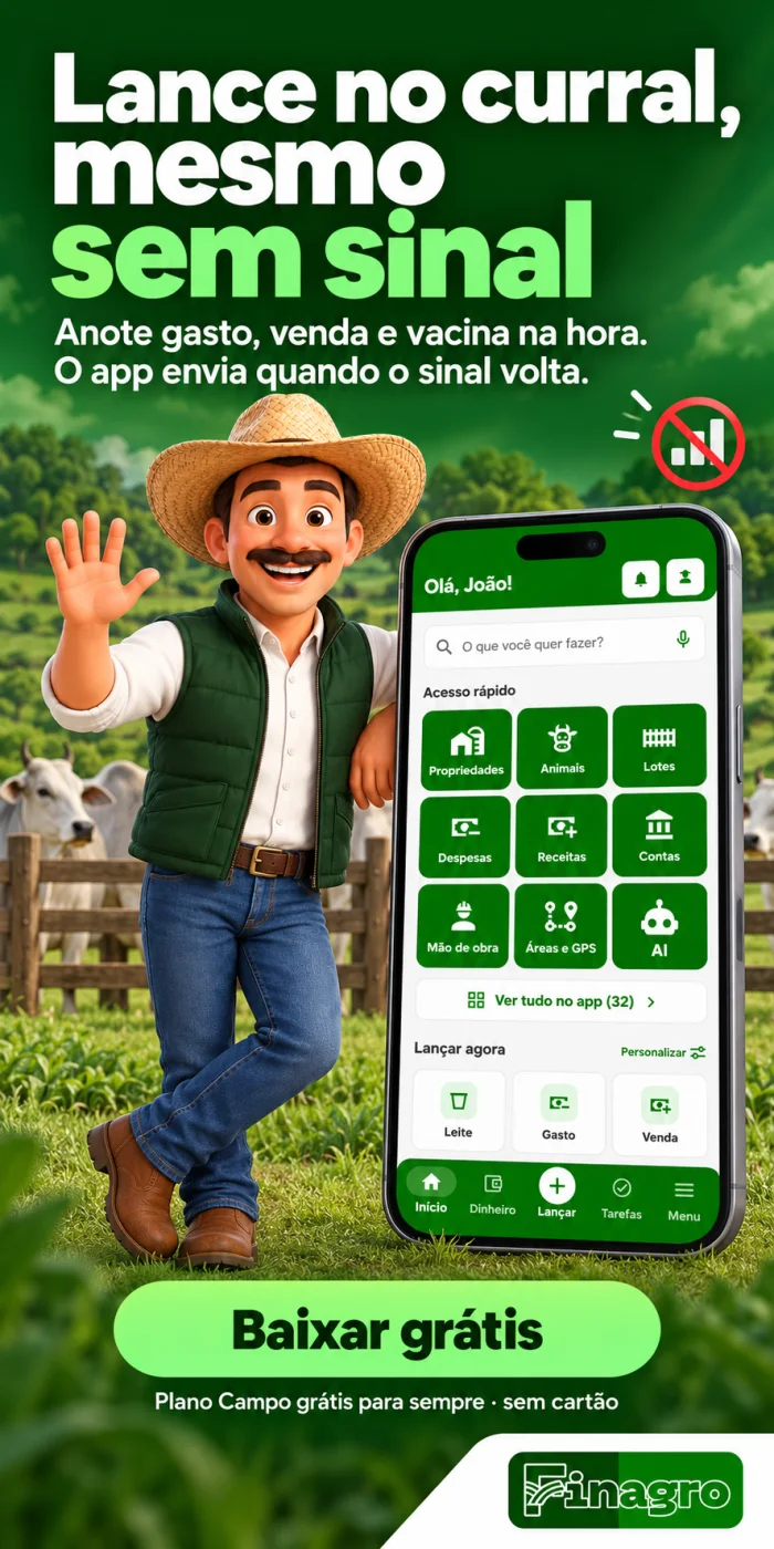 FINAGRO: lance no curral mesmo sem sinal; o app envia quando a internet volta