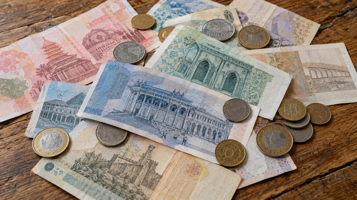 Cédulas e moedas de diferentes países sobre uma mesa, ilustrando as cotações