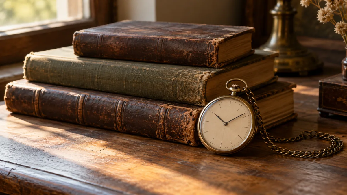 Livros antigos e um relógio sobre uma mesa, ilustrando o dia na história
