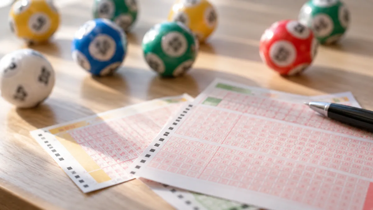Bilhetes e bolas numeradas de loteria, ilustrando os resultados das loterias