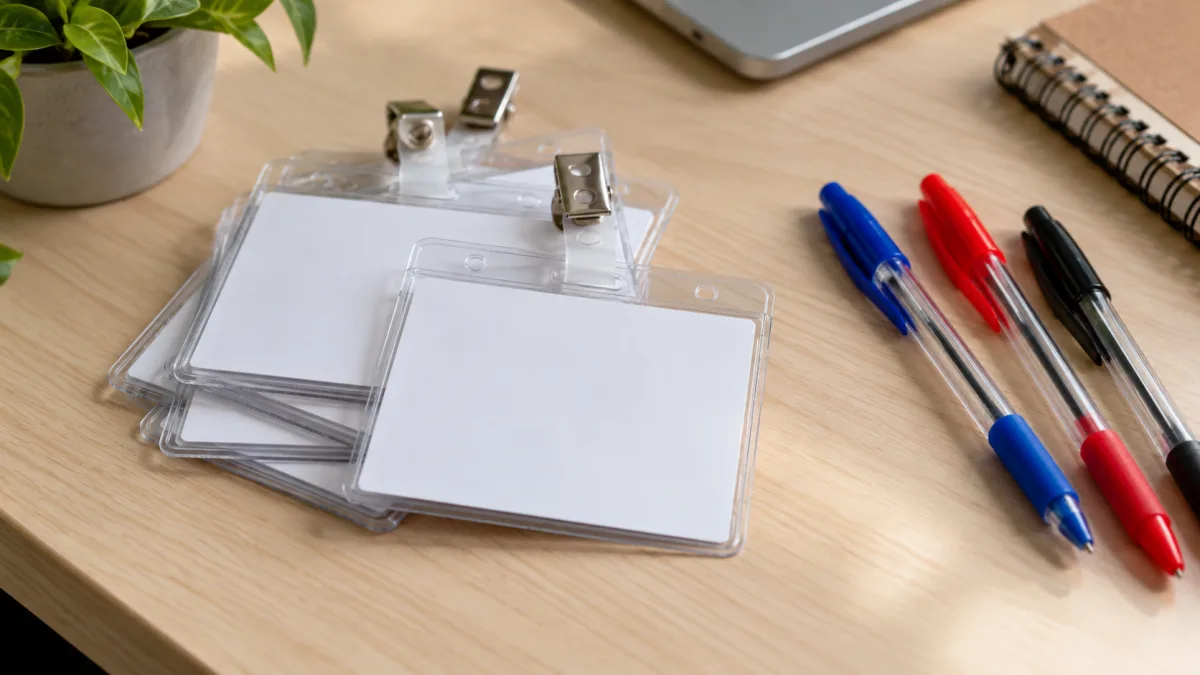 Crachás em branco e uma lista de nomes sobre uma mesa, ilustrando a consulta de nomes