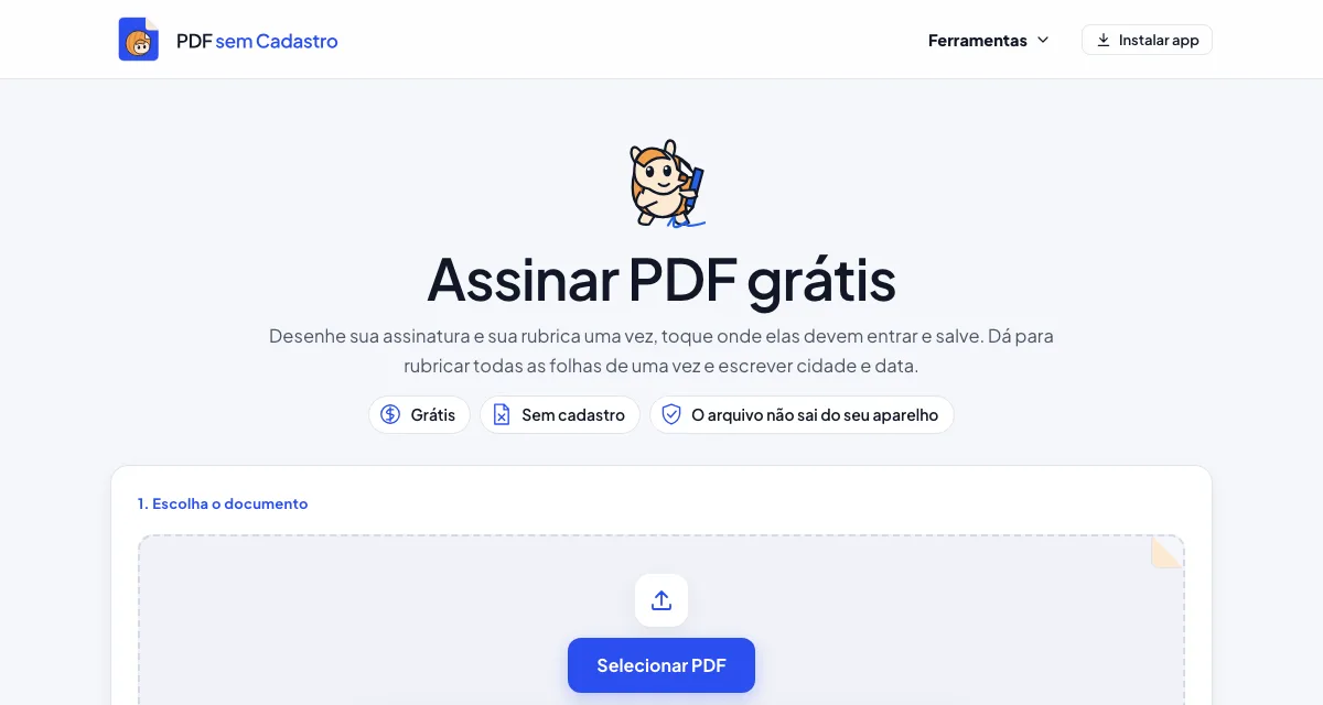 Página da ferramenta Assinar PDF do PDF sem Cadastro