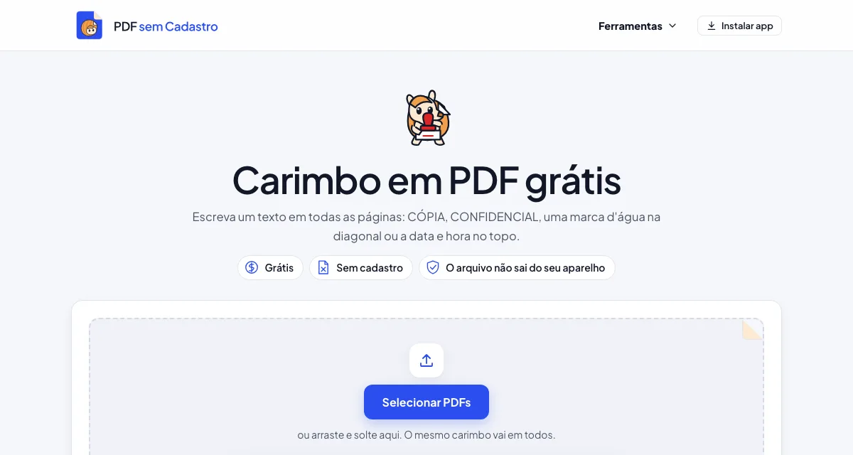 Página da ferramenta Carimbo em PDF do PDF sem Cadastro