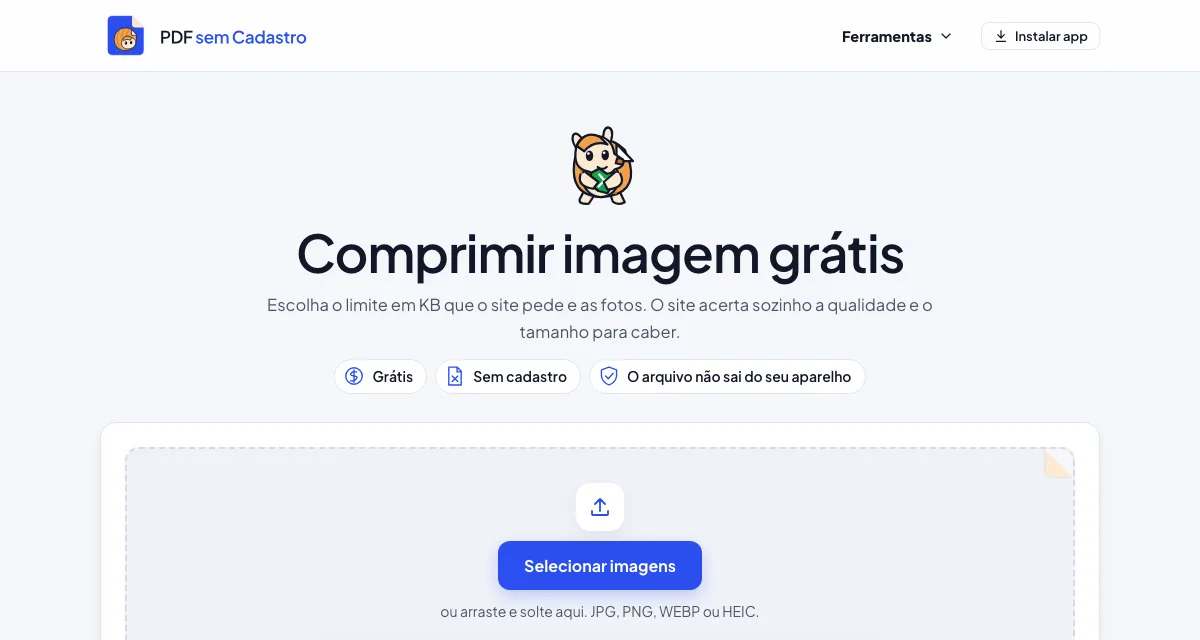 Página da ferramenta Comprimir Imagem do PDF sem Cadastro