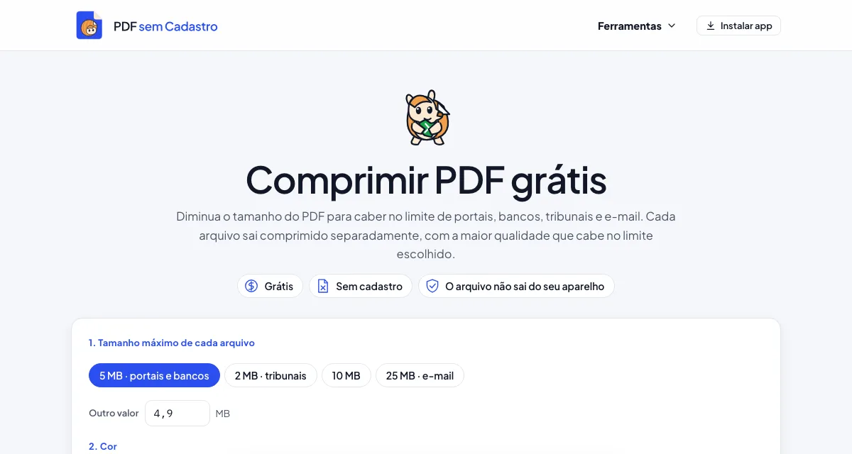 Página da ferramenta Comprimir PDF do PDF sem Cadastro
