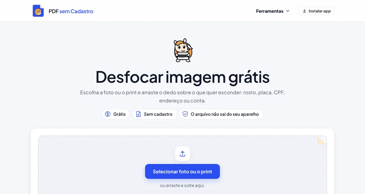 Página da ferramenta Desfocar Imagem do PDF sem Cadastro
