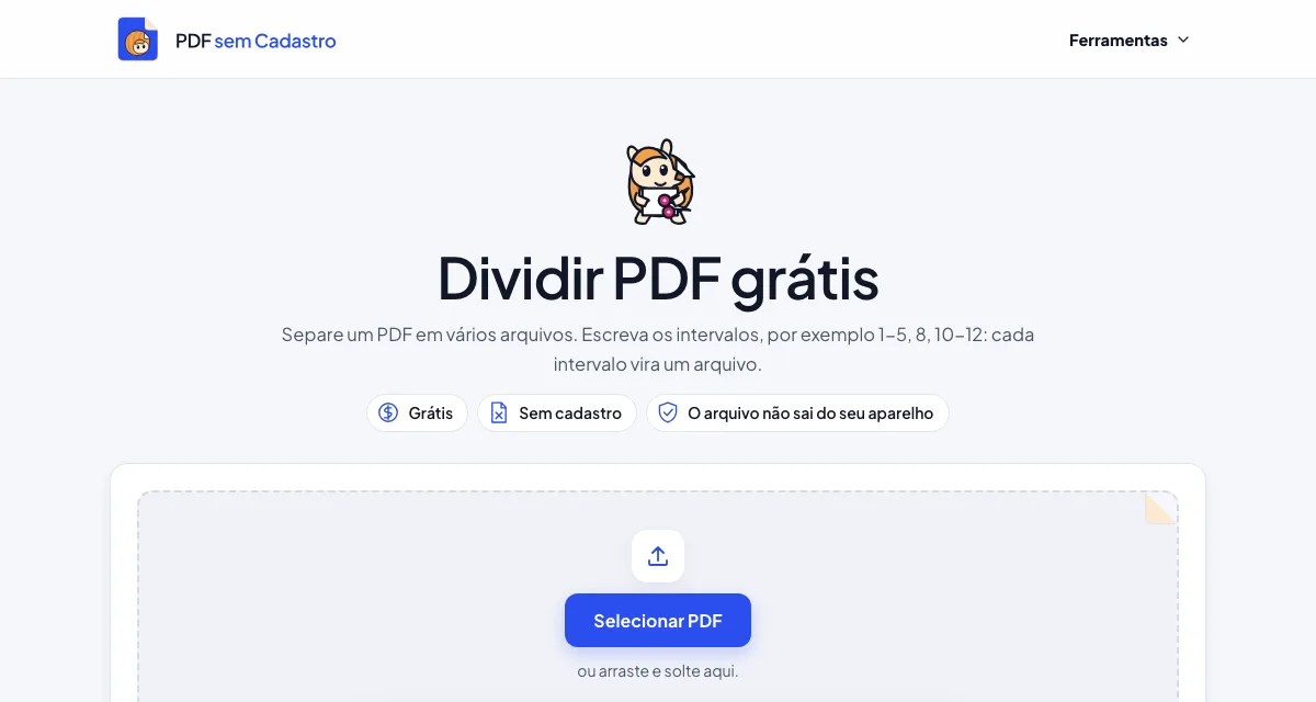 Página da ferramenta Dividir PDF do PDF sem Cadastro