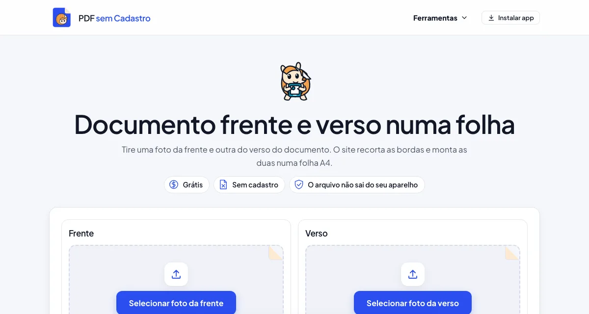 Página da ferramenta Documento frente e verso do PDF sem Cadastro