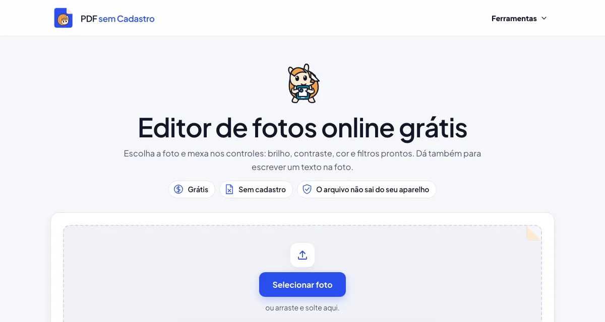 Página da ferramenta Editor de Fotos do PDF sem Cadastro