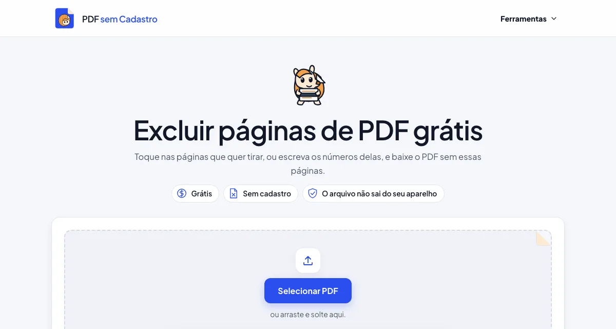 Página da ferramenta Excluir Páginas de PDF do PDF sem Cadastro