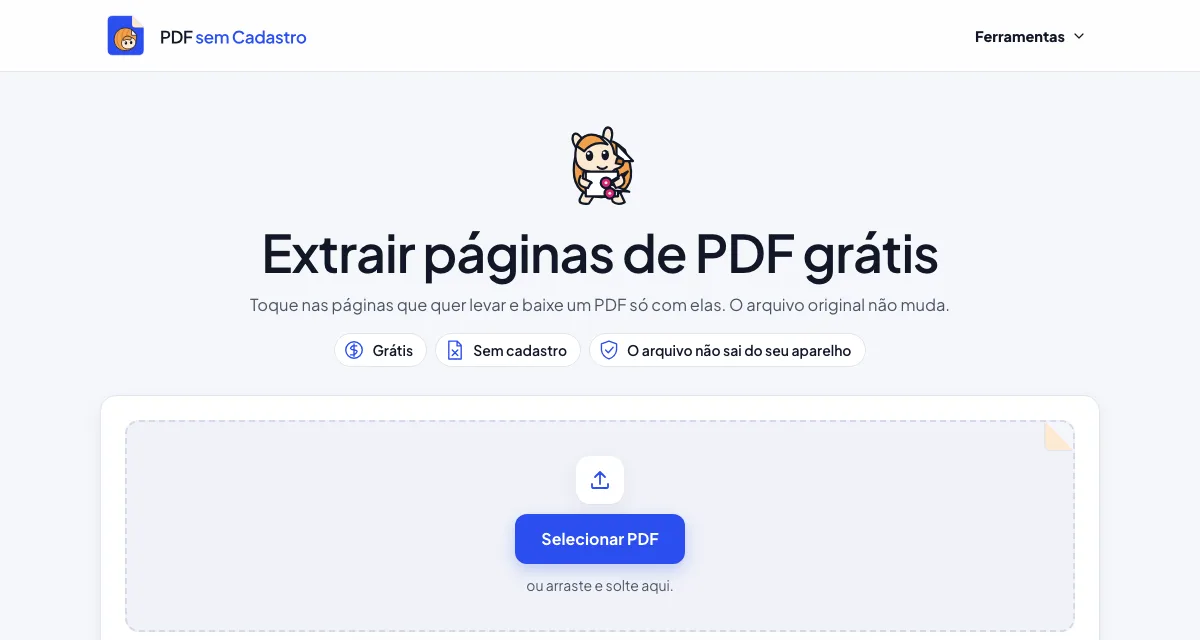 Página da ferramenta Extrair Páginas de PDF do PDF sem Cadastro