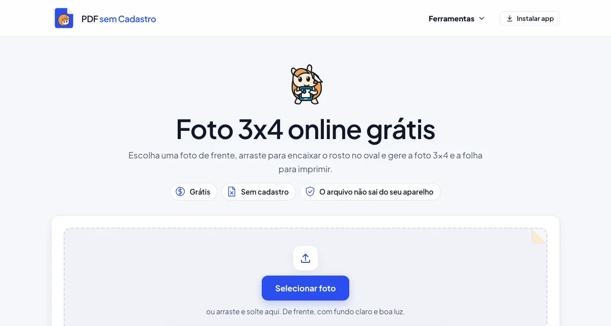 Página da ferramenta Foto 3x4 do PDF sem Cadastro