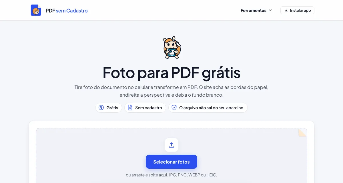 Página da ferramenta Foto para PDF do PDF sem Cadastro