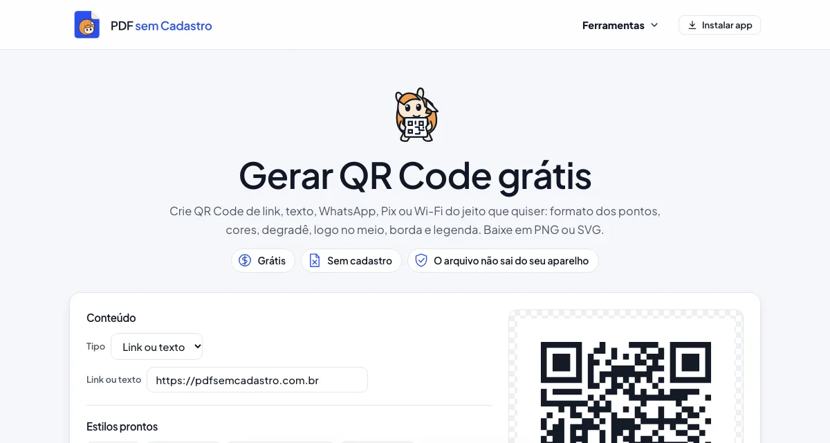 Página da ferramenta Gerador de QR Code do PDF sem Cadastro