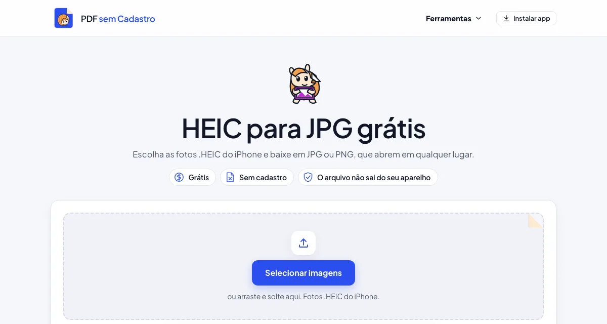 Página da ferramenta HEIC para JPG do PDF sem Cadastro