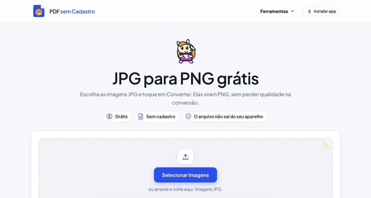 Página da ferramenta JPG para PNG do PDF sem Cadastro