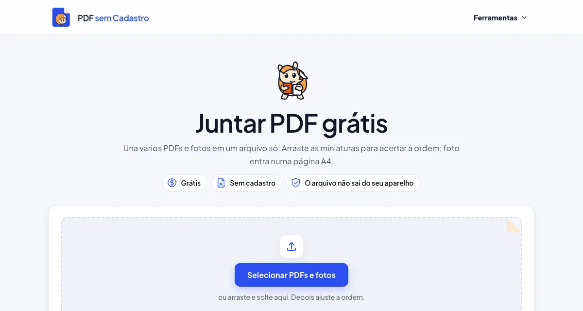 Página da ferramenta Juntar PDF do PDF sem Cadastro