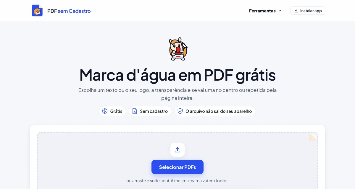 Página da ferramenta Marca d'água em PDF do PDF sem Cadastro