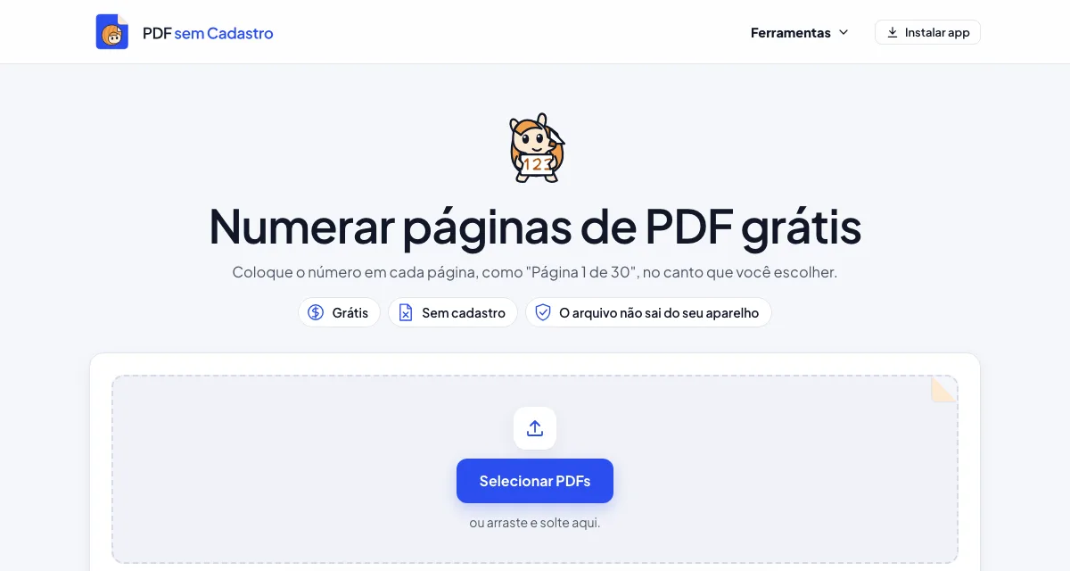 Página da ferramenta Numerar páginas de PDF do PDF sem Cadastro