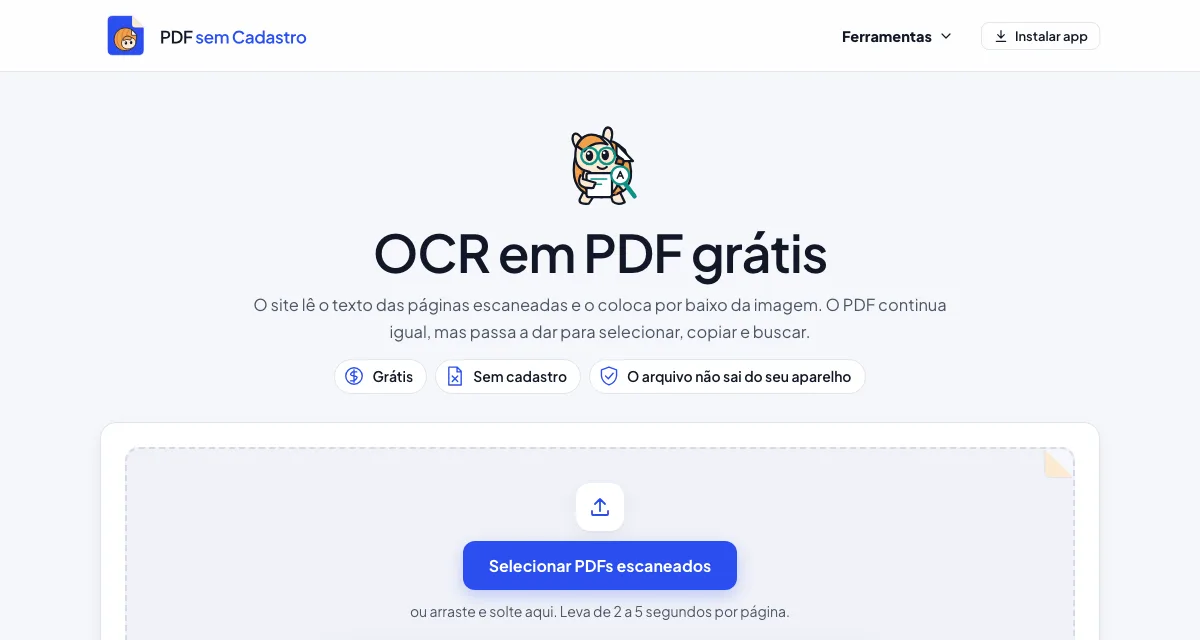 Página da ferramenta OCR em PDF do PDF sem Cadastro