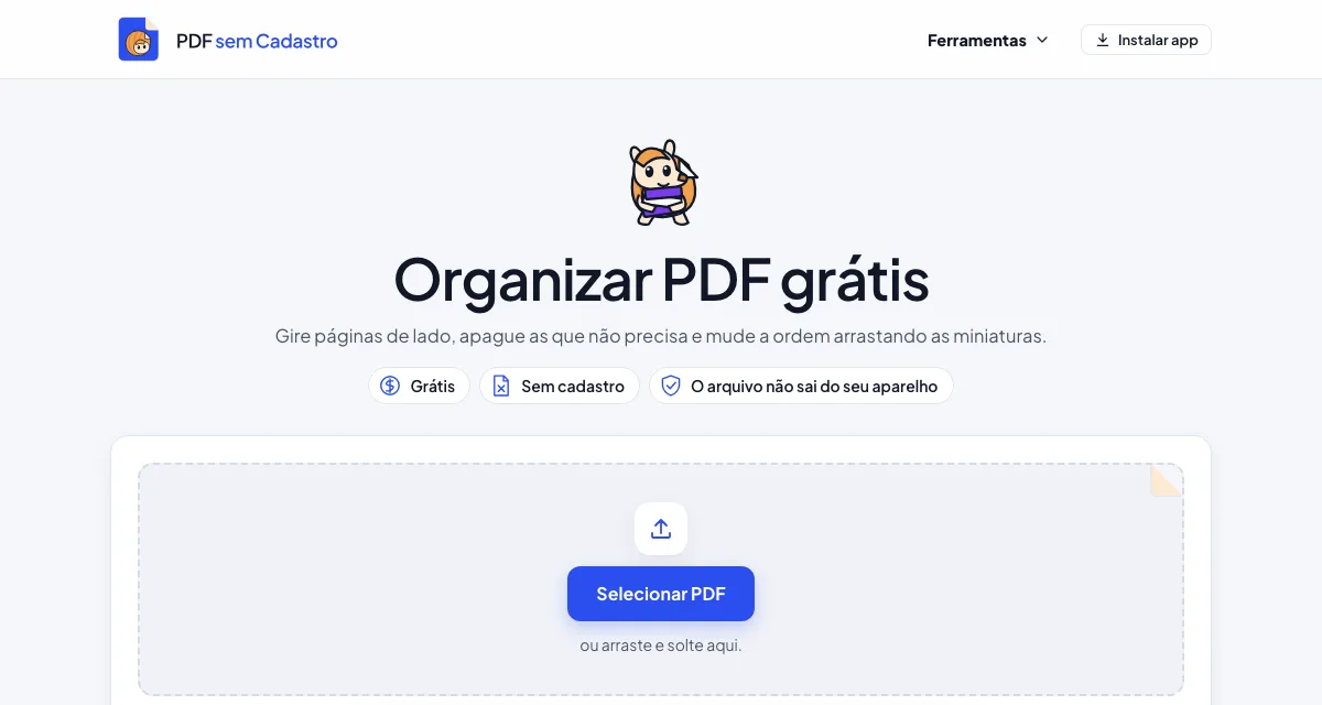 Página da ferramenta Organizar PDF do PDF sem Cadastro
