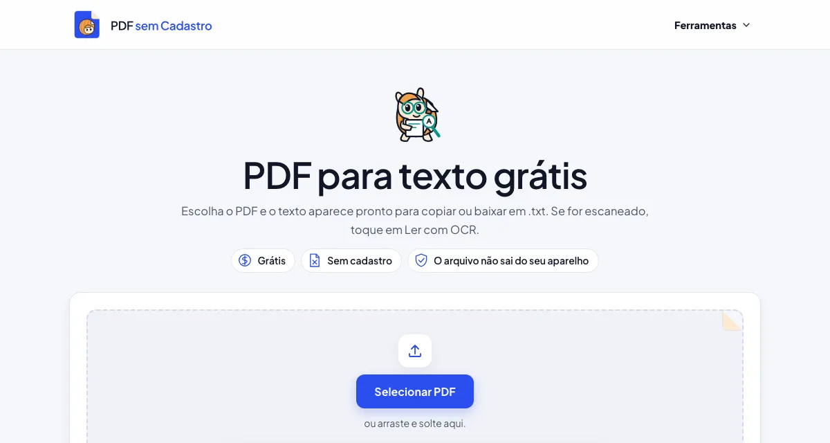 Página da ferramenta PDF para texto do PDF sem Cadastro
