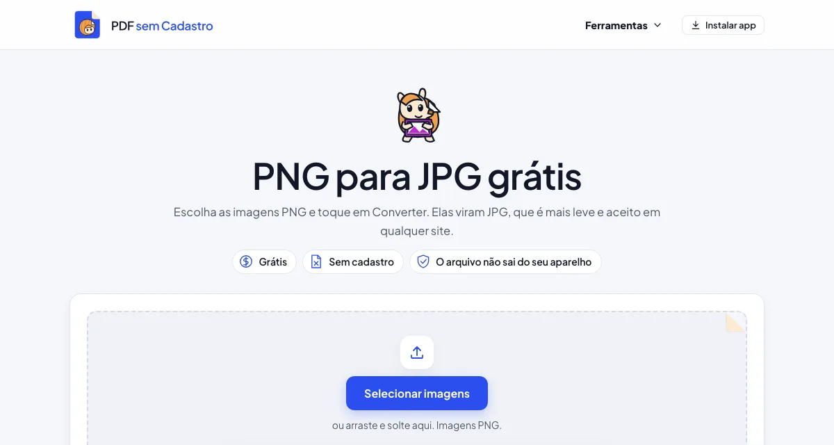 Página da ferramenta PNG para JPG do PDF sem Cadastro