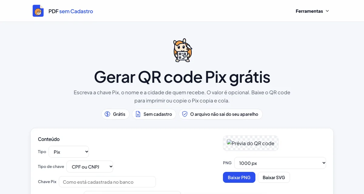 Página da ferramenta Gerar QR code Pix do PDF sem Cadastro