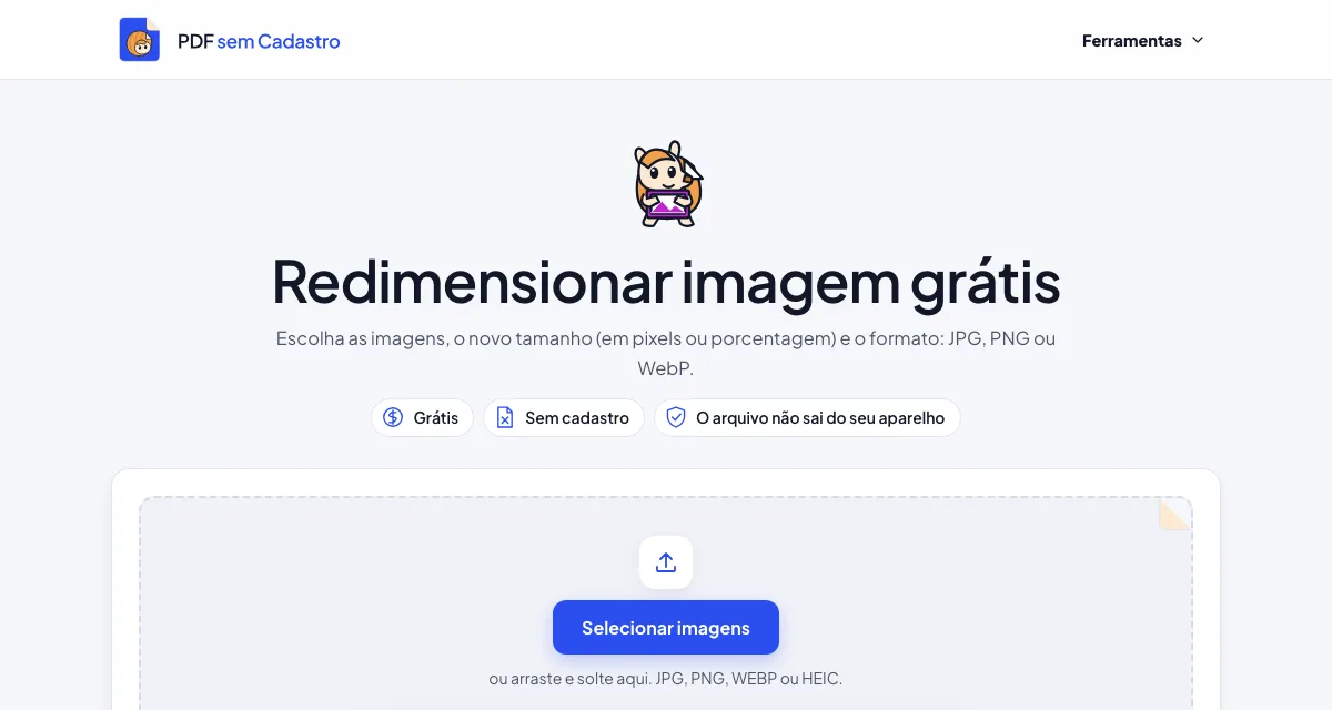 Página da ferramenta Redimensionar imagem do PDF sem Cadastro