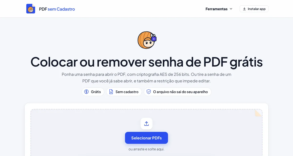 Página da ferramenta Colocar ou remover senha de PDF do PDF sem Cadastro