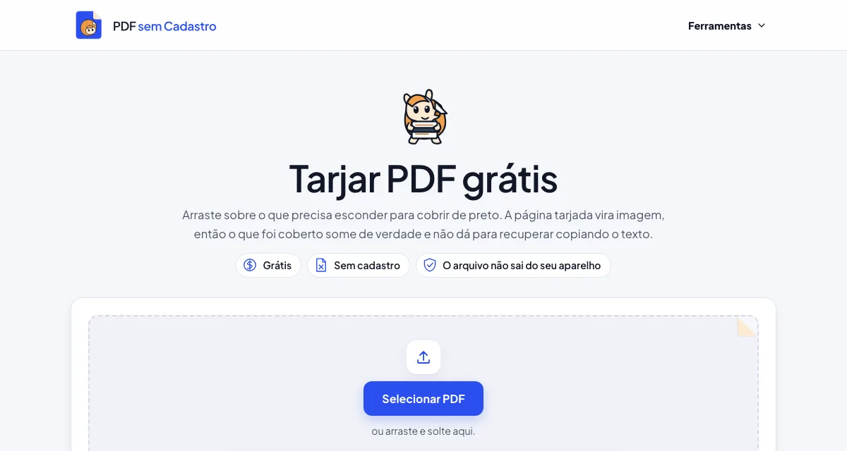 Página da ferramenta Tarjar PDF do PDF sem Cadastro