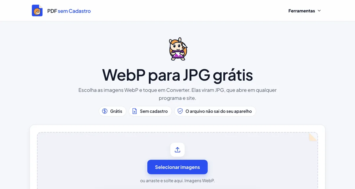Página da ferramenta WebP para JPG do PDF sem Cadastro