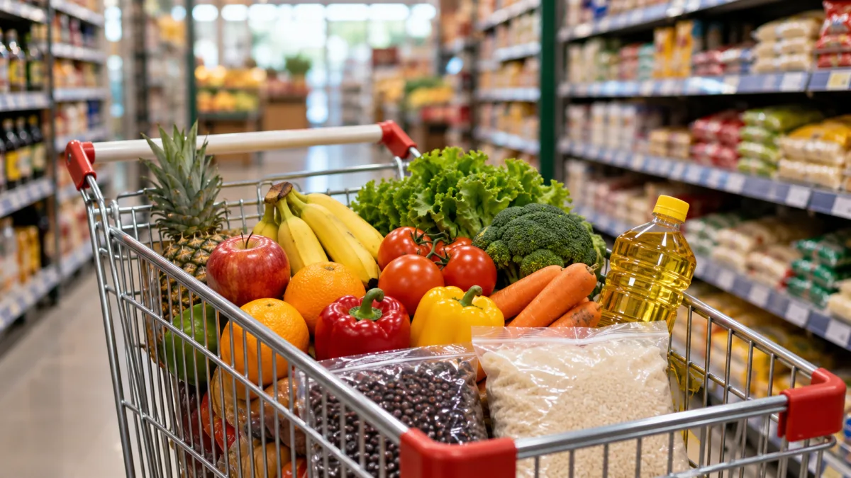 Carrinho de supermercado cheio de frutas, legumes e produtos básicos em um corredor de mercado. Ilustração gerada por inteligência artificial.