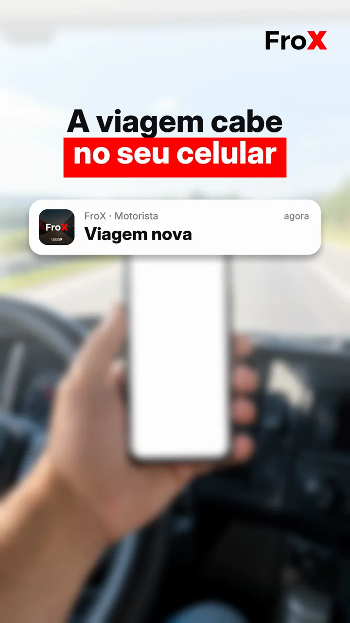 Celular na boleia do caminhão com o app do motorista do FroX aberto no botão verde Iniciar viagem
