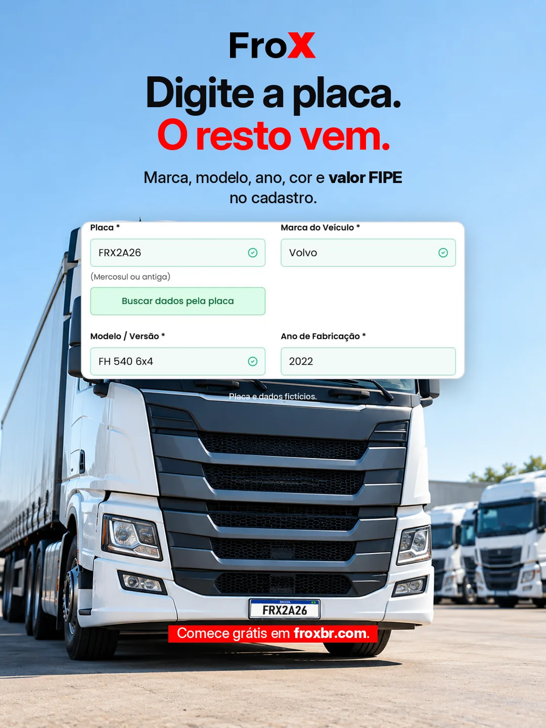 Arte do FroX mostra o formulário Novo caminhão com placa digitada e valor FIPE no alto