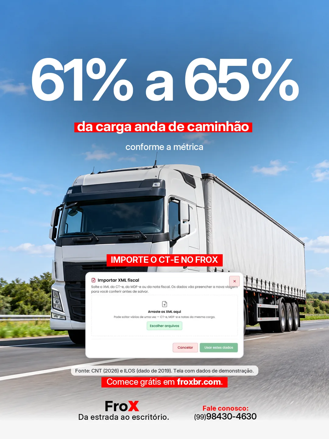 Arte do FroX com o dado de que entre 61% e 65% da carga do país anda de caminhão