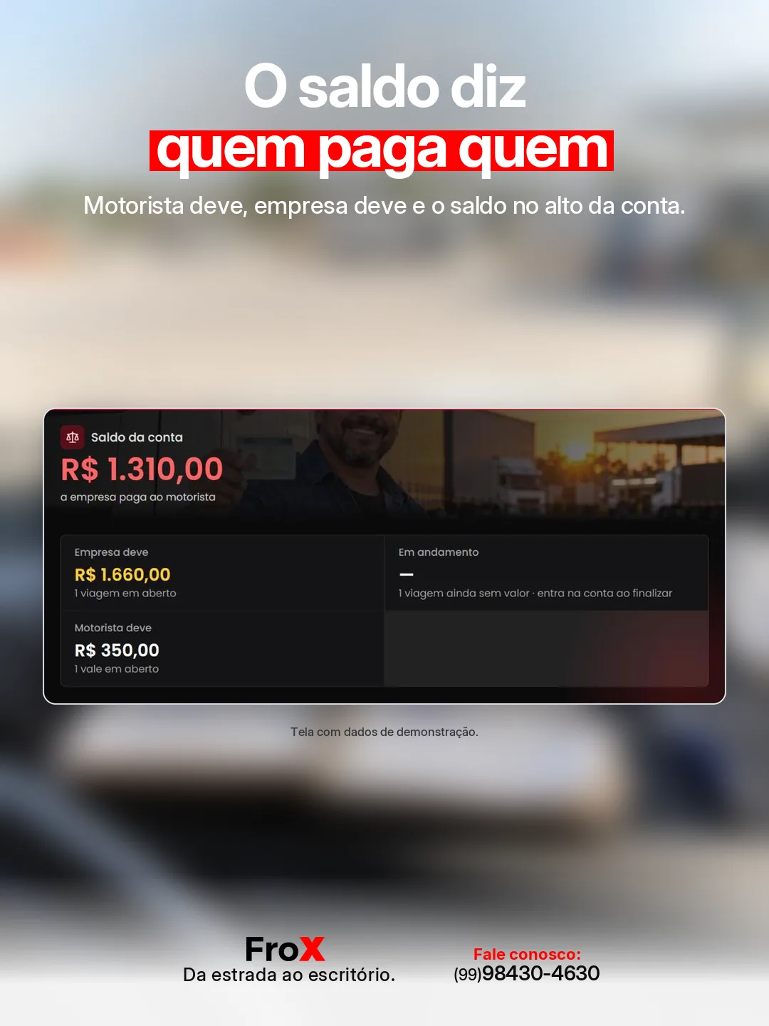 Arte do FroX: o saldo diz quem paga quem, com motorista deve e saldo no alto da conta