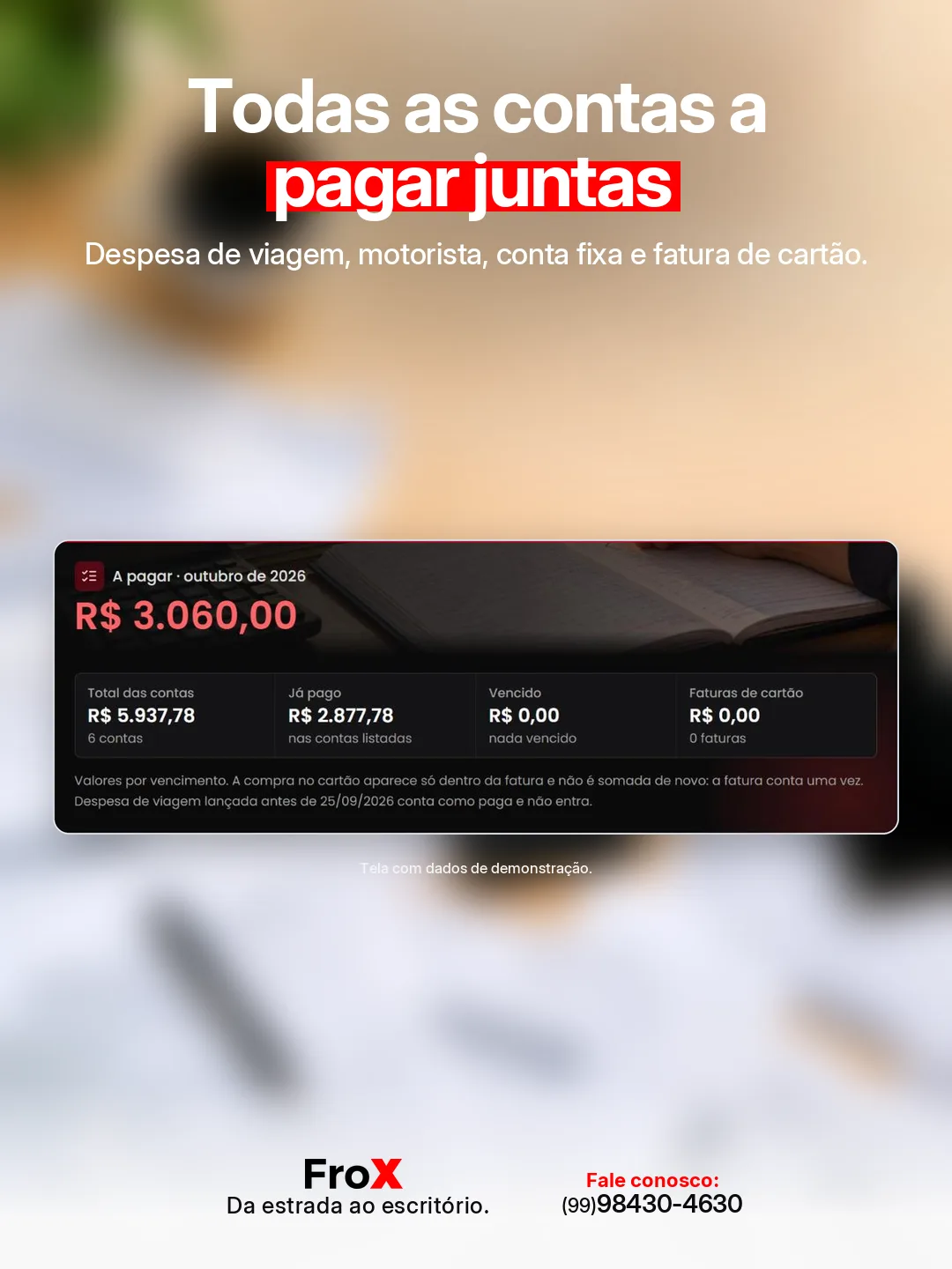 Arte do FroX: todas as contas a pagar juntas, de viagem, motorista, conta fixa e cartão