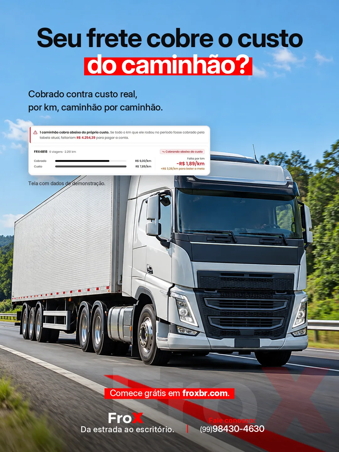 Arte do FroX pergunta se o frete cobre o custo do caminhão e mostra o cobrado contra o custo real, por km