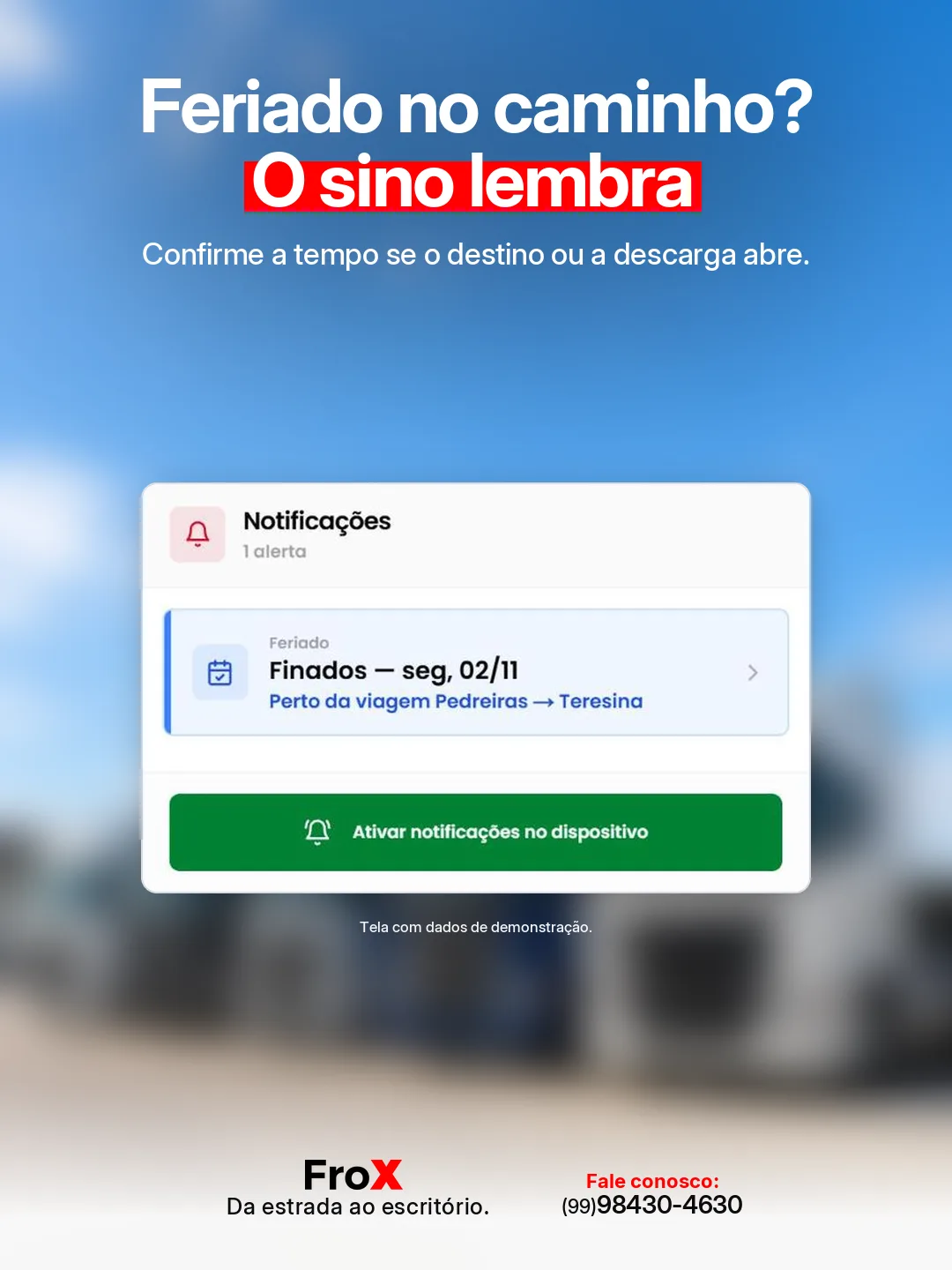 Arte do FroX mostra o sino com o aviso de feriado nacional perto de uma viagem