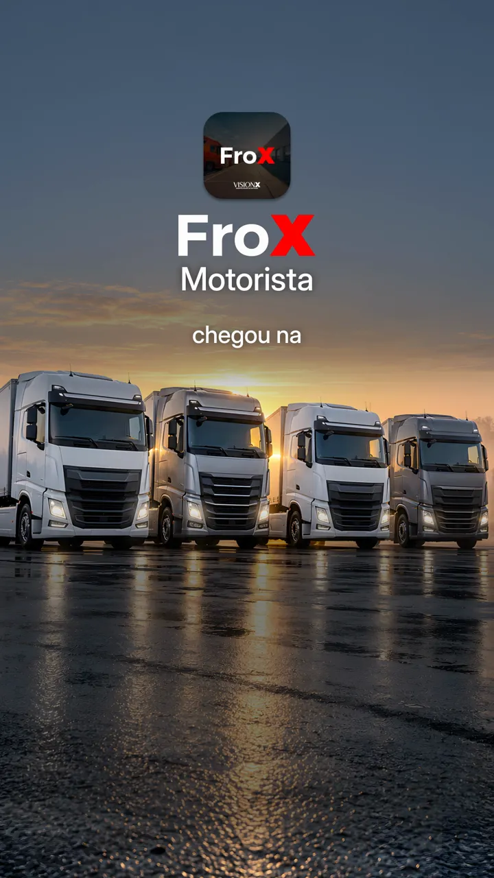 Ícone do app FroX Motorista sobre uma fila de caminhões brancos estacionados ao entardecer
