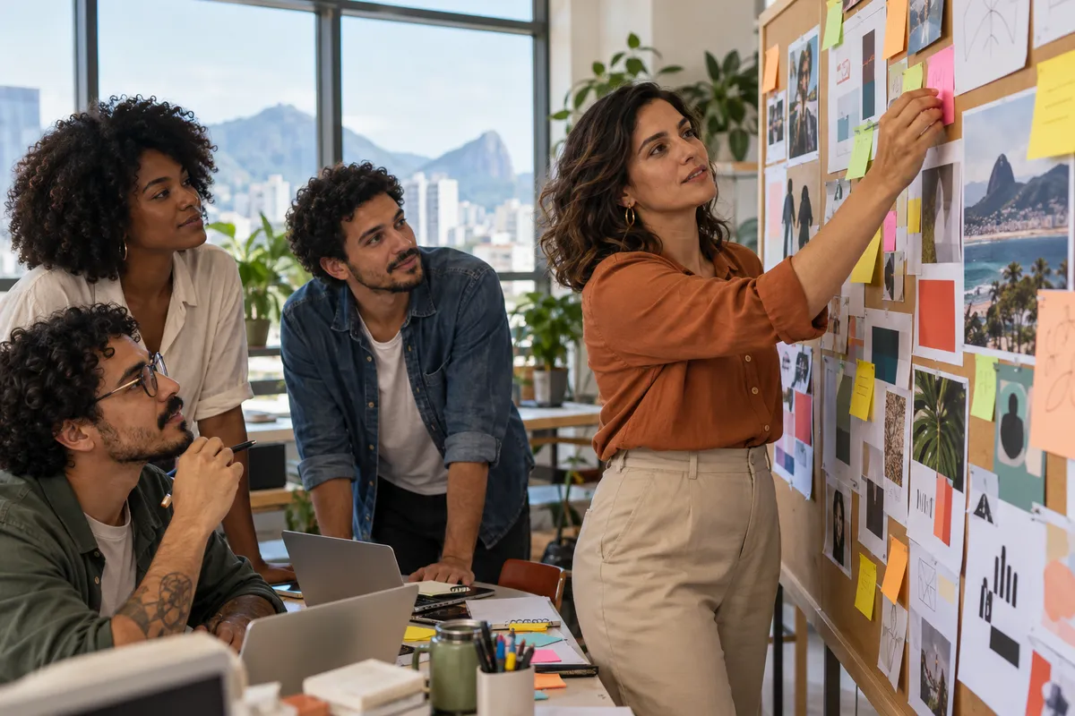 Diretora de marketing e equipe criativa montam uma campanha num quadro de ideias