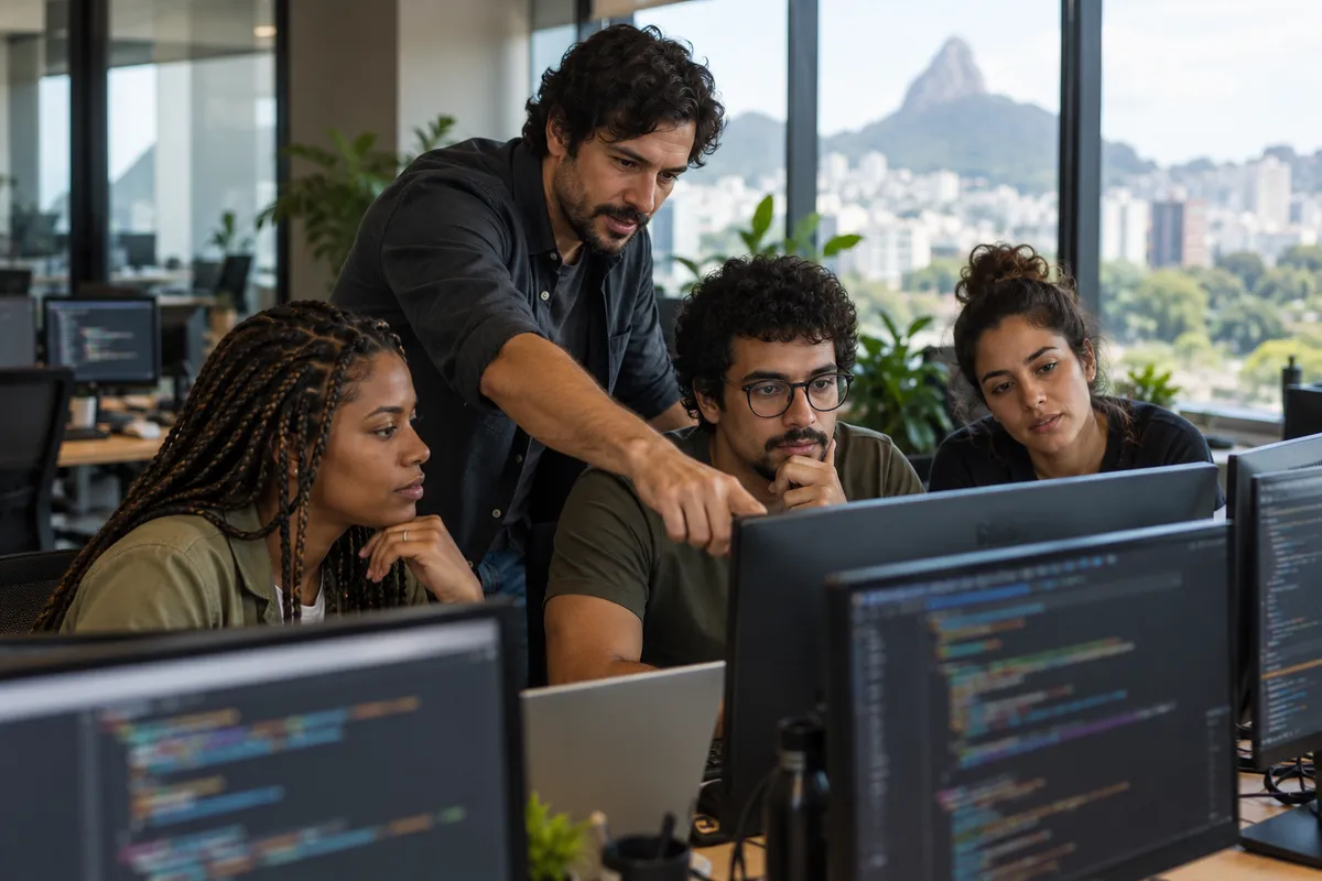 Líder de tecnologia revisa o trabalho de uma equipe de desenvolvedores