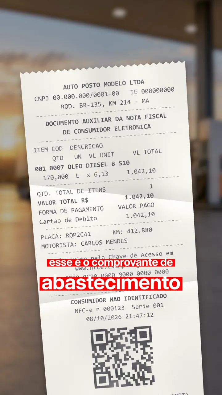 Cupom fiscal de abastecimento de diesel em primeiro plano com um caminhão desfocado no posto ao fundo