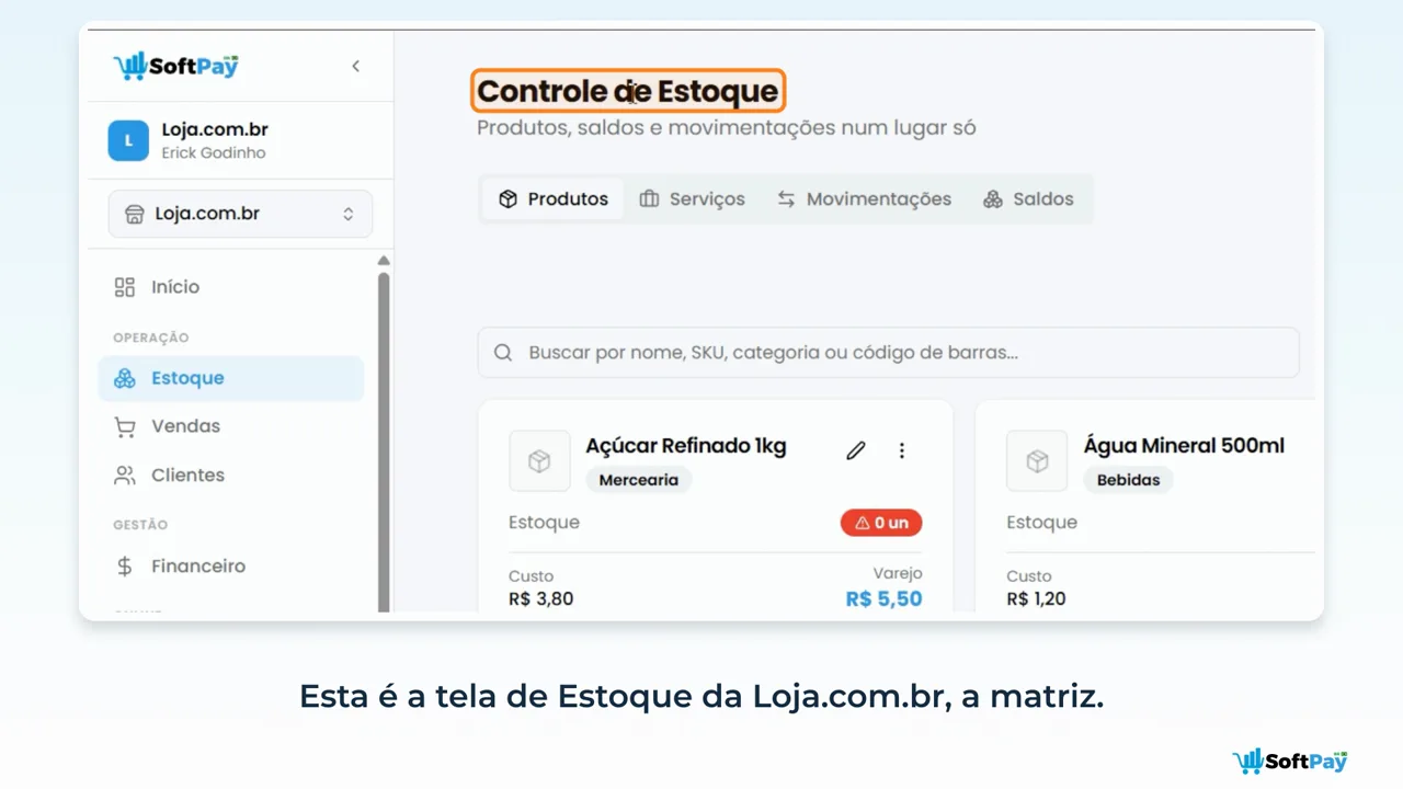 Tela de Controle de Estoque do SoftPay com produtos, saldos e movimentações da loja matriz