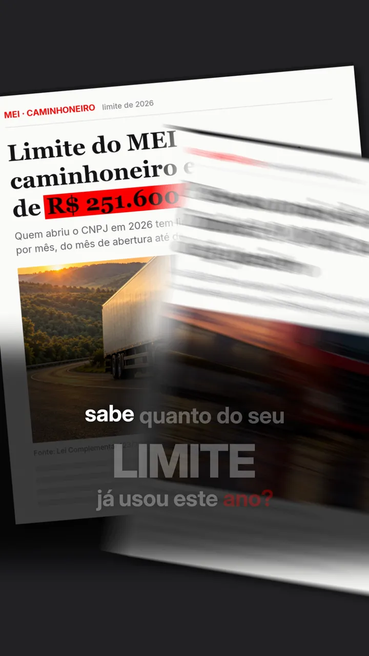 Recorte de notícia sobre o limite do MEI caminhoneiro em 2026 com um caminhão na estrada ao fundo