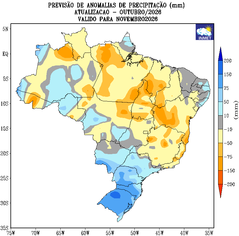 Mapa do INMET com a previsão de anomalia de chuva, em milímetros, para novembro de 2026 no Brasil